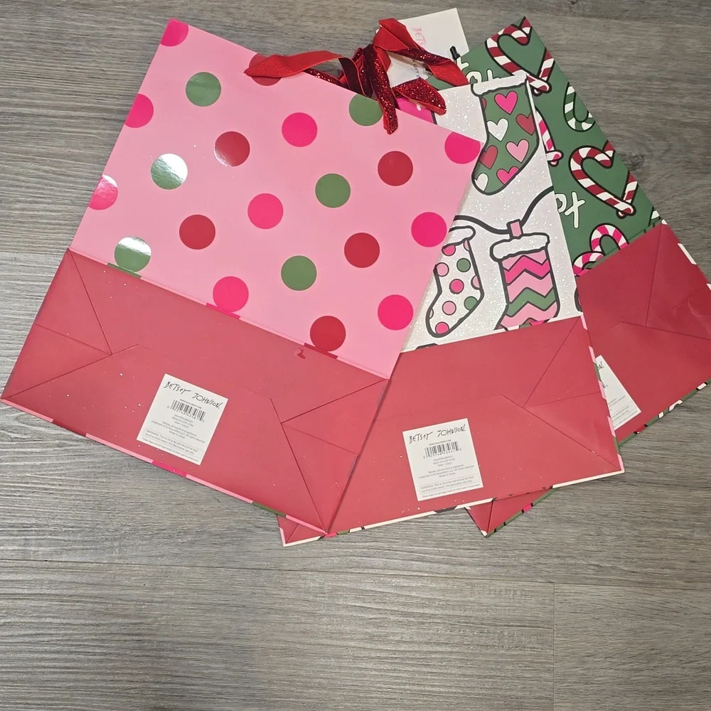 Betsey Johnson 3-PK Festive Candy Cane Heart and Stocking Gift‎ Bags